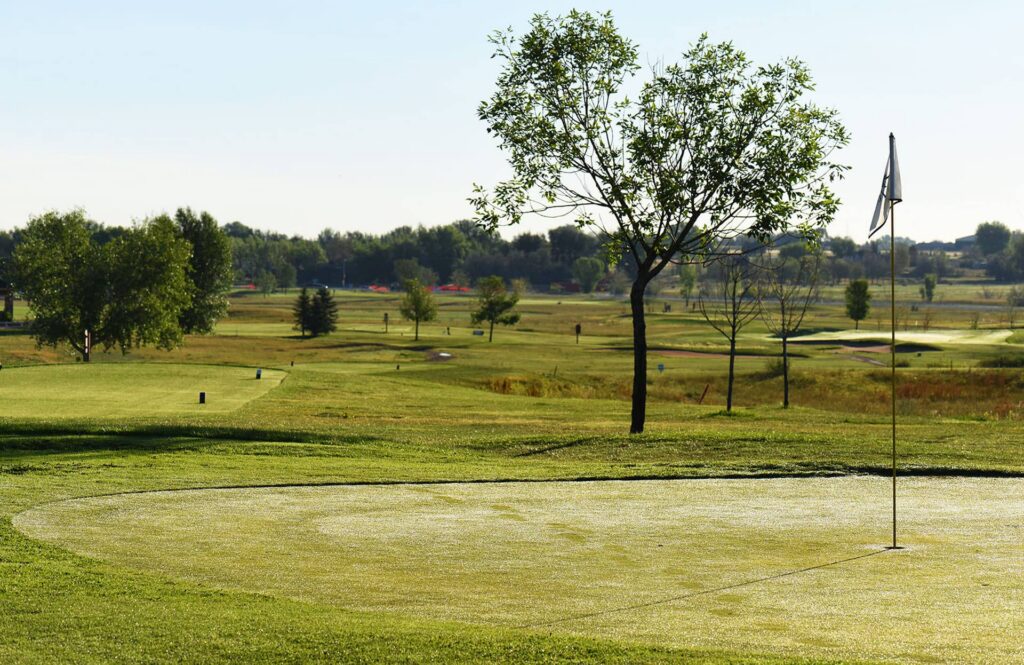 A serene golf course landscape with a flag on the green, trees, and rolling hills under a clear sky.