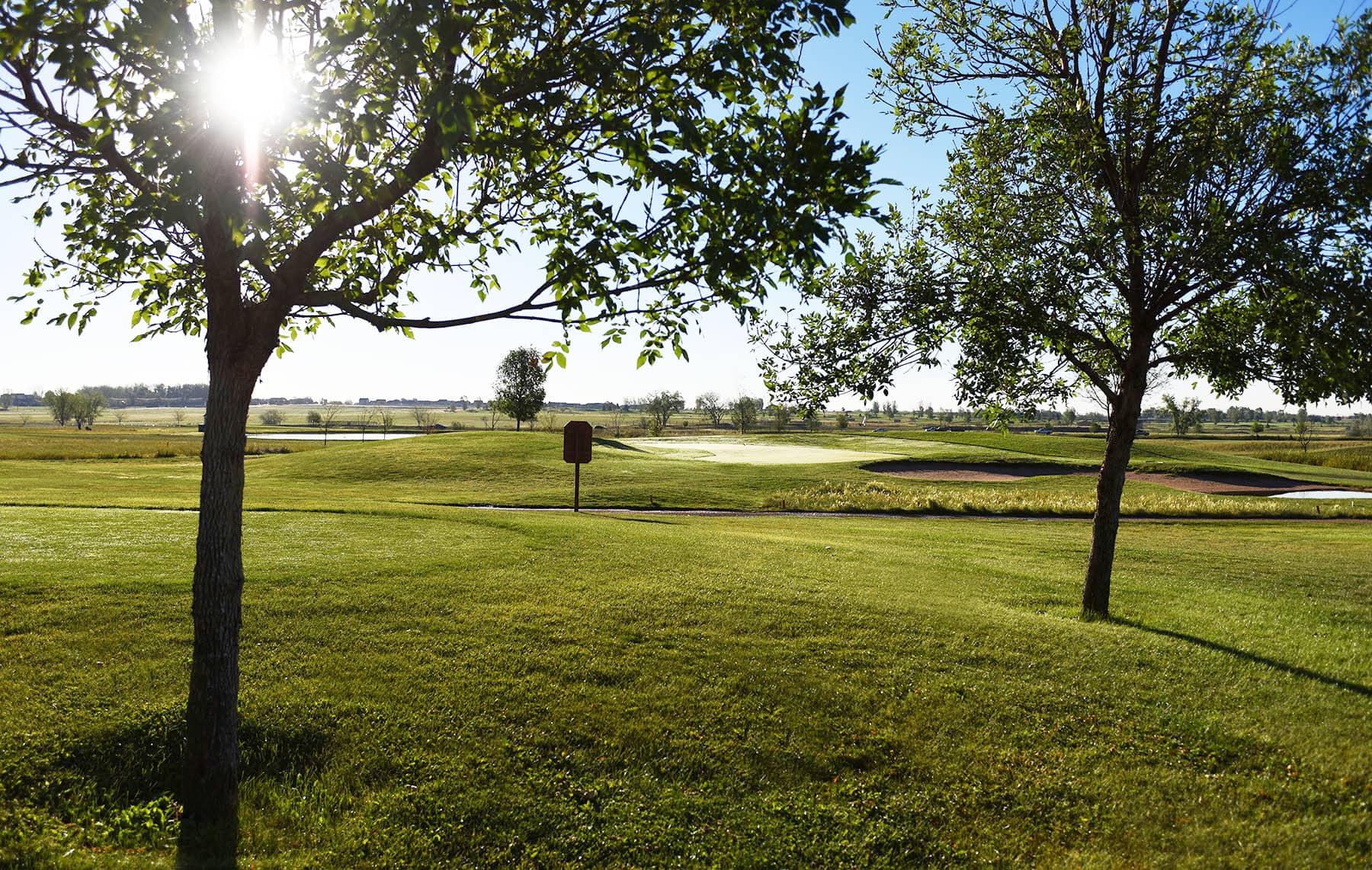 Sunlight filtering through trees over a lush green golf course with a water hazard in the background.
